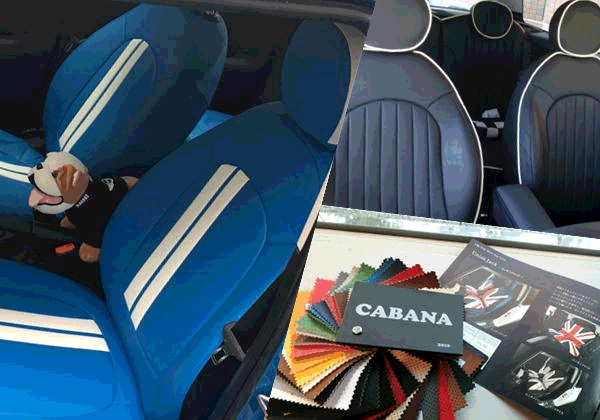CABANAシートカバーを装着したMINIのシートと生地サンプル