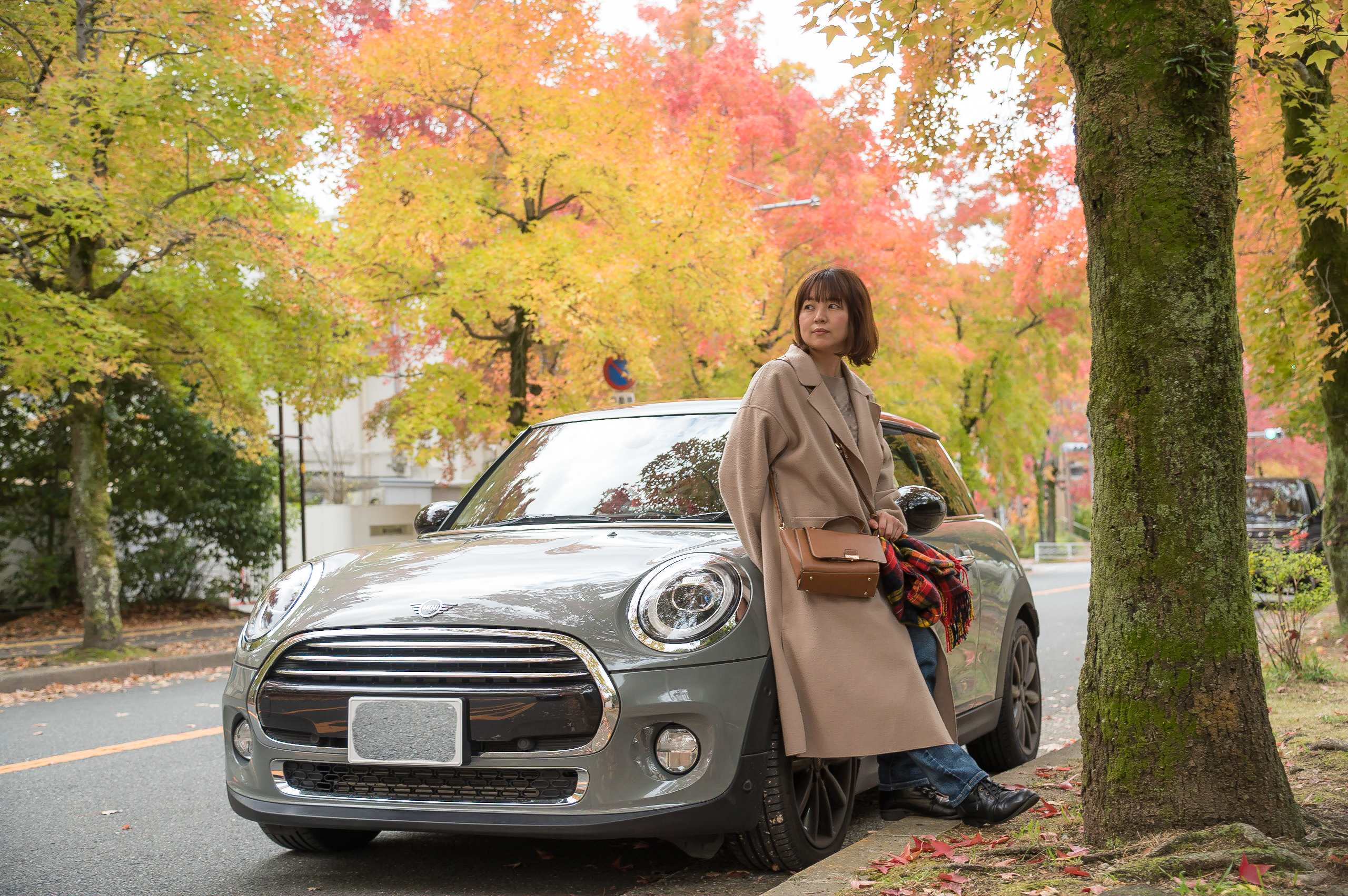 紅葉の並木道に停めたMINIとオーナー